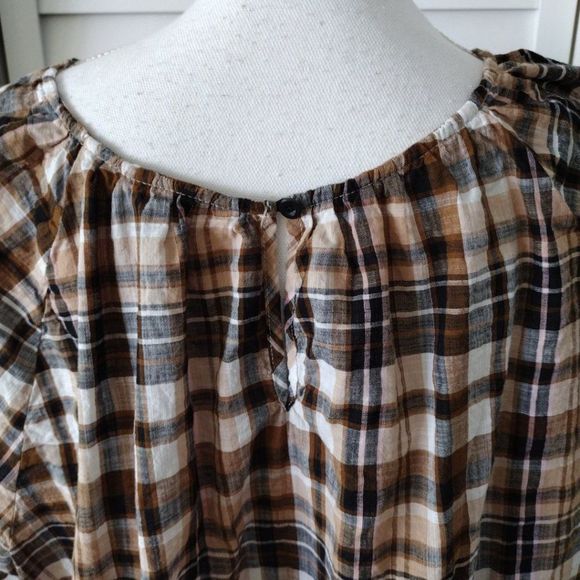 EUC 3X Terra & Sky Plaid Ruffle-Front Short-Sleeve Blouse, 100% Cotton - Picture 5 of 11